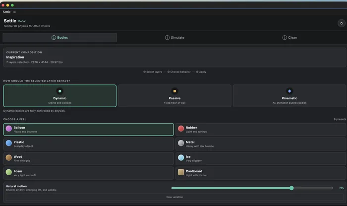 The Settle panel in After Effects, showing body behaviour and material presets