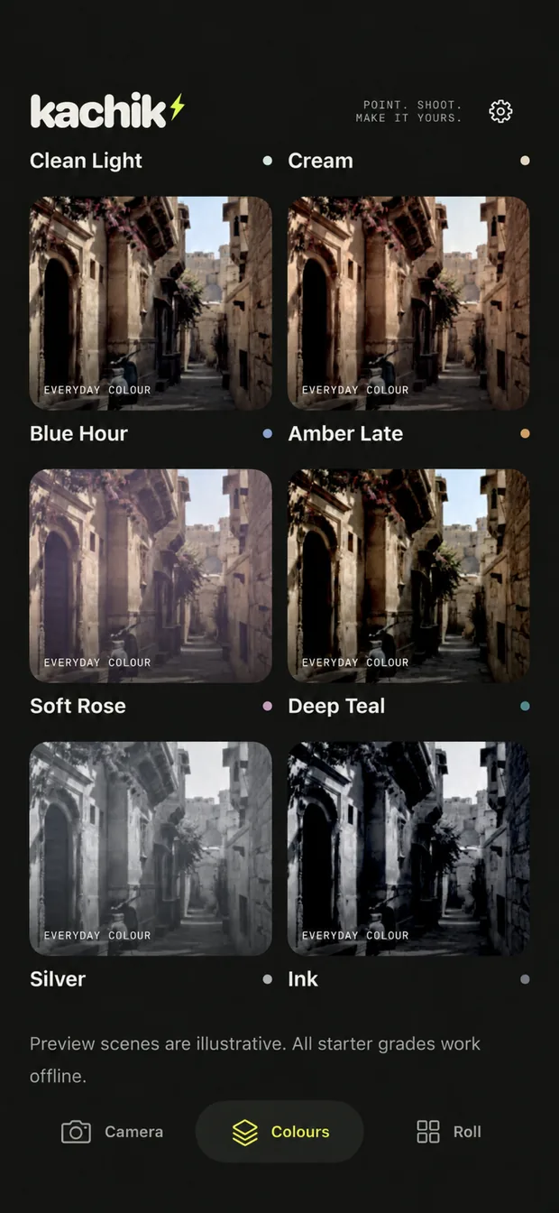 Everyday colours in Kachik: Clean Light, Cream, Blue Hour, Amber Late, Soft Rose, Deep Teal, Silver and Ink