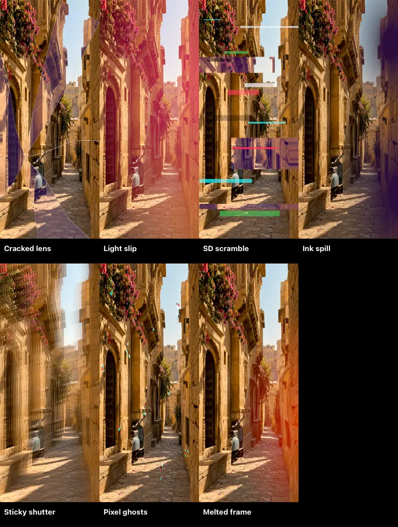 Seven Misclicks applied to the demo scene: Cracked lens, Light slip, SD scramble, Ink spill, Sticky shutter, Pixel ghosts, Melted frame