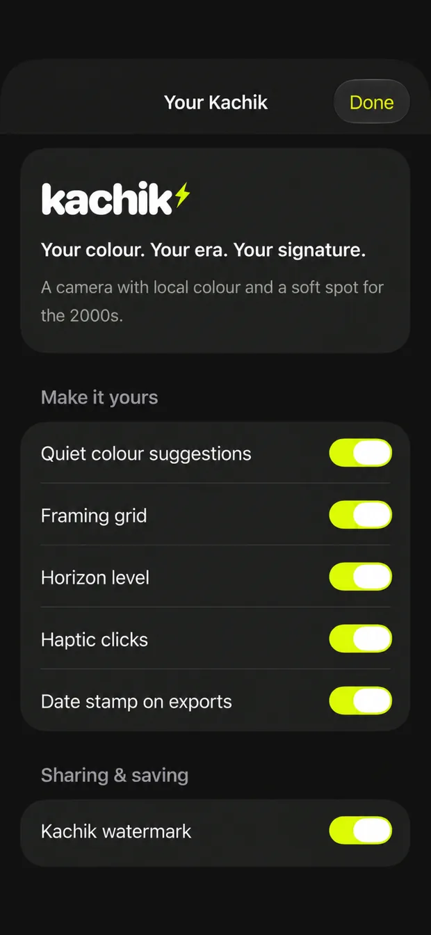 Your Kachik settings: quiet colour suggestions, framing grid, horizon level, haptic clicks, date stamp, watermark