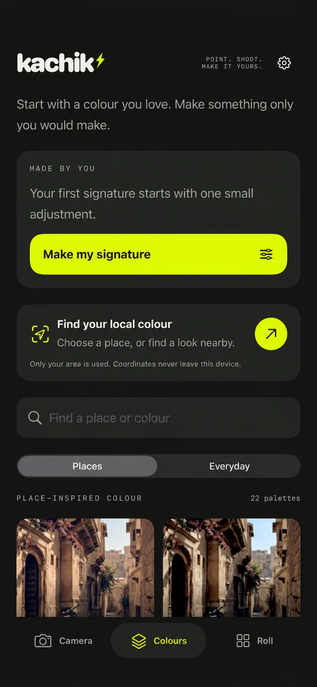 Colours screen: Make my signature, Find your local colour and place-inspired palettes