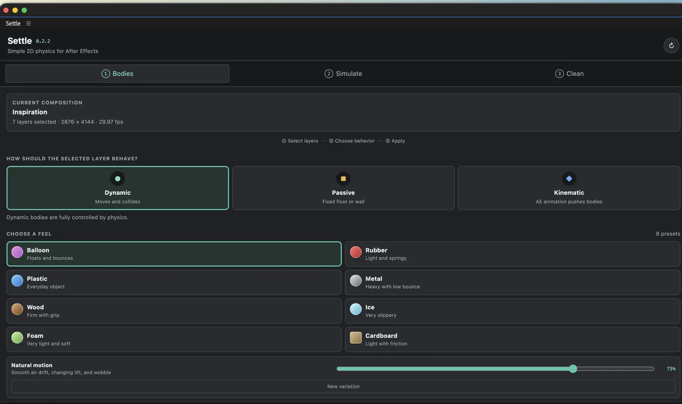 The Settle panel in After Effects, with body behaviour set to Dynamic, eight material presets and a natural motion slider