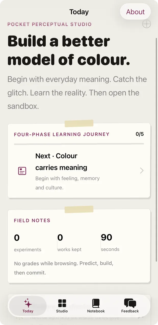 ColourStudio Today screen: build a better model of colour, with a four-phase learning journey card and field notes.