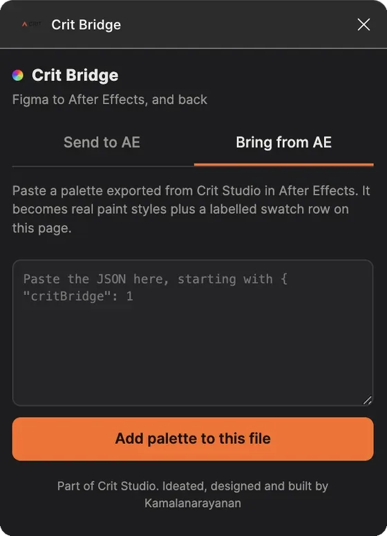 CRIT Bridge on the Bring from AE tab, with a field for pasting palette JSON exported from Crit Panel.