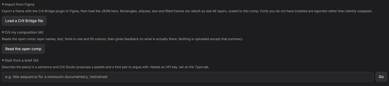 Panel sections for importing a CRIT Bridge file from Figma, reading the open composition for feedback, and starting from a written brief.