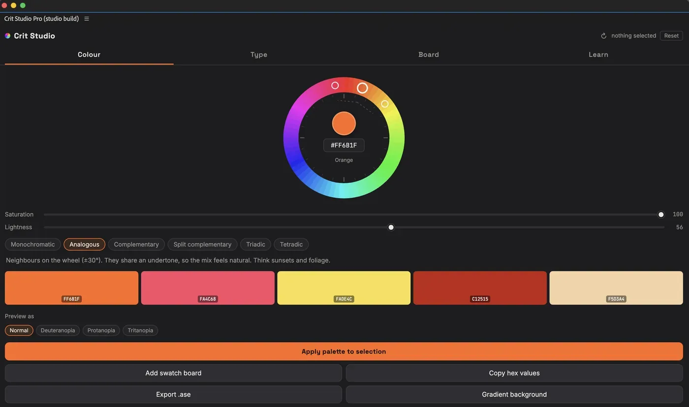 The Crit Panel window in After Effects: a colour wheel set to orange, saturation and lightness sliders, harmony options with Analogous selected, and five resulting swatches labelled with hex values.